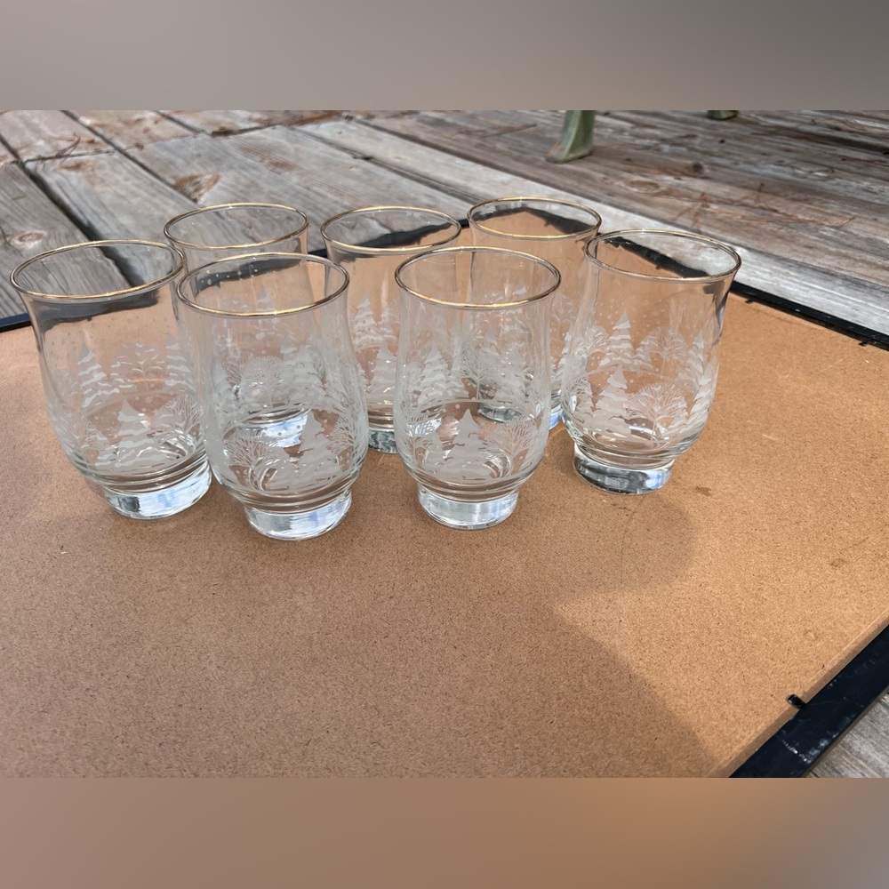 Vintage Libbey Arby's Holiday Tulip Glass Etched Trees Gold Trim 1980s